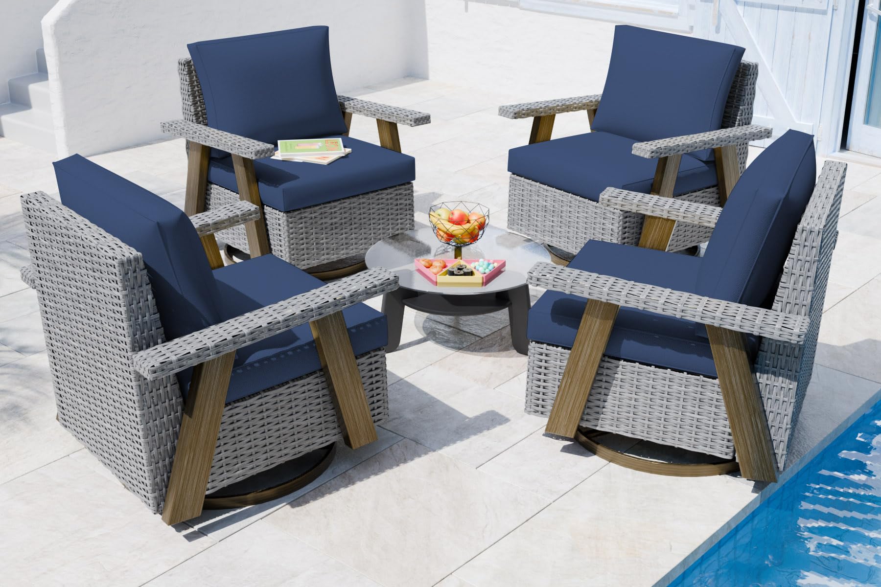 Yokayoay Wicker Patio Chairs Set of 4, Swivel Rocking Chairs Rattan Rocker Chairs Porch Chairs with Thickened Cushions and High Back Outdoor Furniture for Outside Porch Balcony Deck Garden