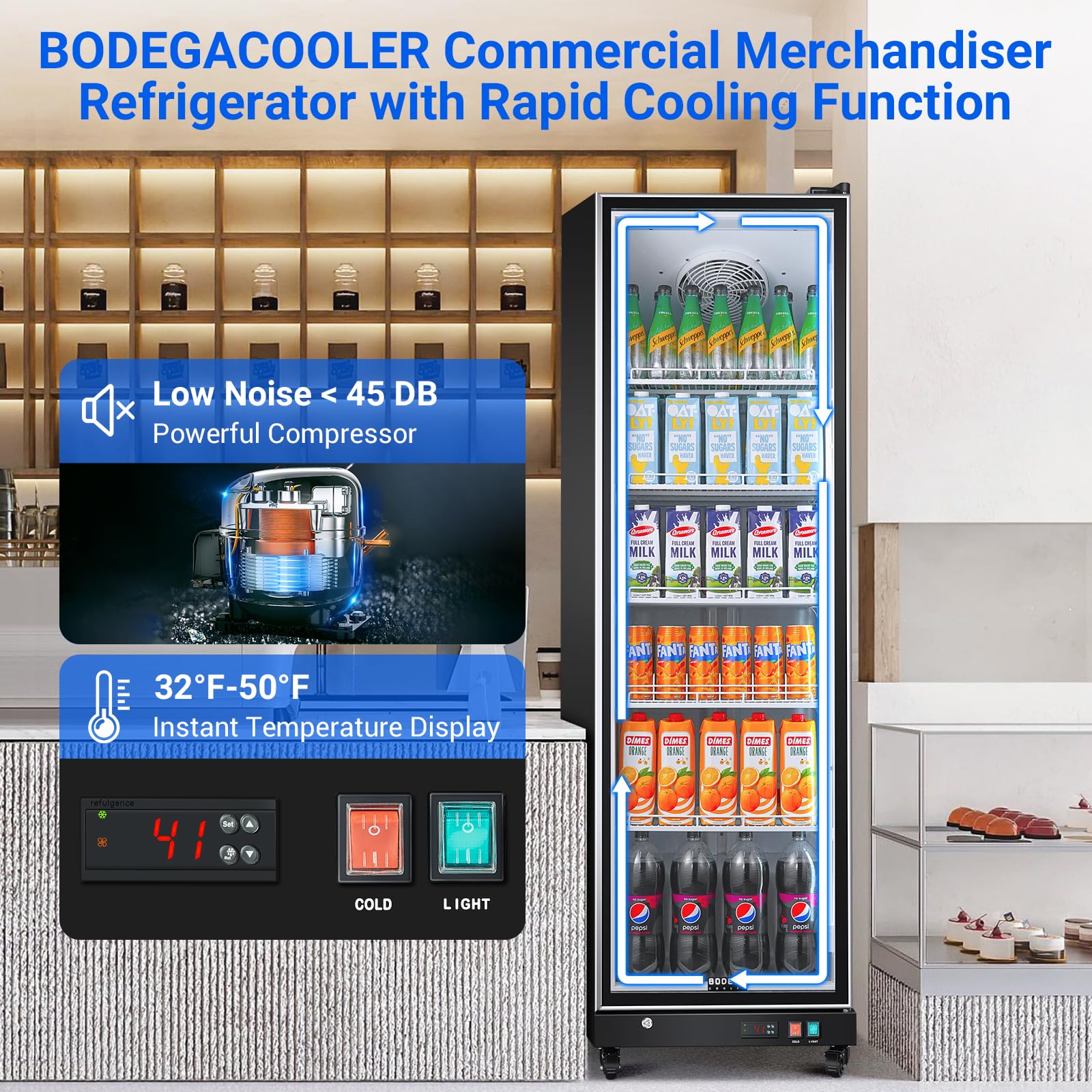 BODEGACOOLER Commercial Merchandiser Refrigerator,12.5 Cu.Ft Glass Door Display Refrigerator,Upright Commercial Beverage Display Cooler with Soft LED Light,Adjustable Shelves,Black