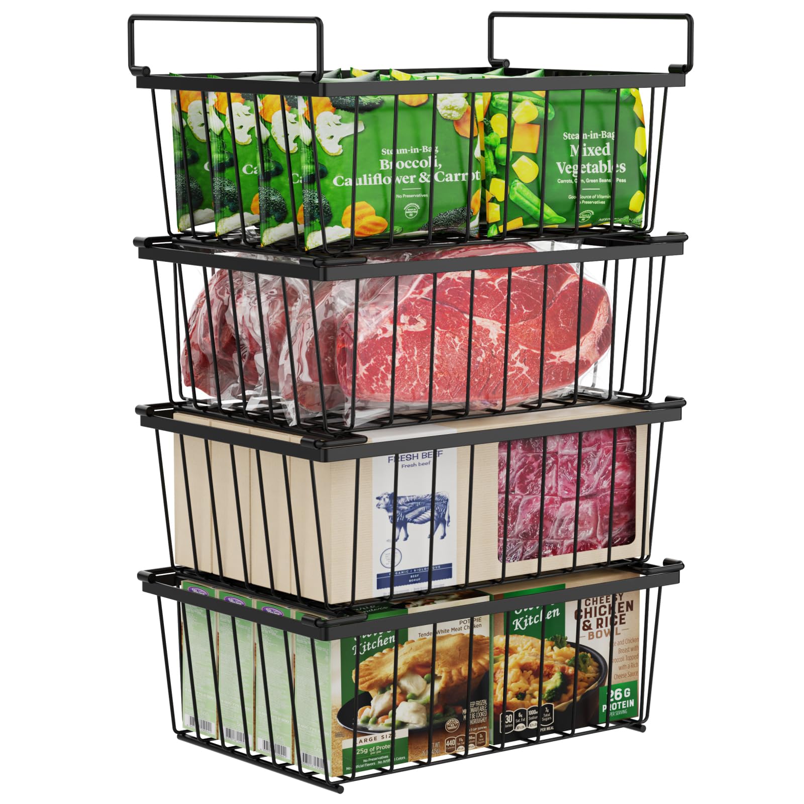 iSPECLE Freezer Organizer Bins - 4 Pack Stackable Chest Freezer Organizer for 5 Cu.FT Deep Freezer Sort Frozen Food, Deep Freezer Organizer Bins Easy to Get Food from Bottom Better Ventilation, Black