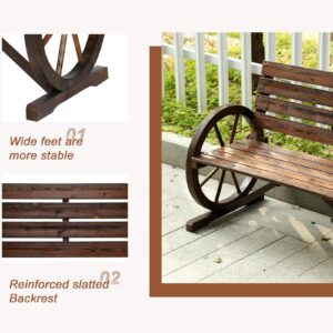 HOMEDIARY Outdoor Wooden Wagon Wheel Bench, Rustic 2-Person Seat Patio Bench w/Slatted Design and Carbonized Finish, Outdoor Patio Furniture w/550lbs High Capacity for Garden Patio Backyard Porch