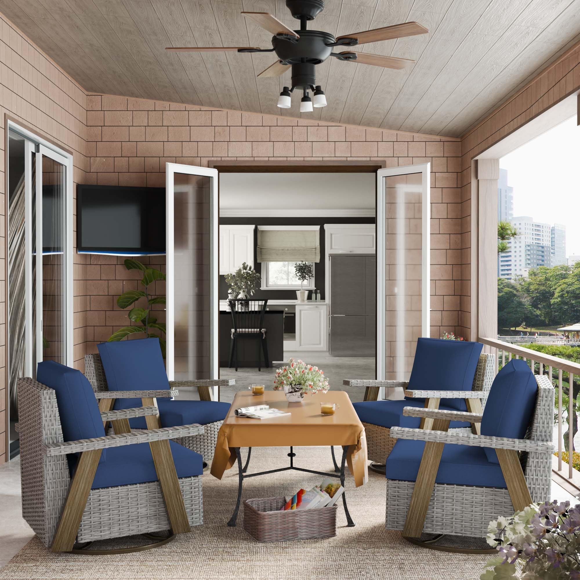 Yokayoay Wicker Patio Chairs Set of 4, Swivel Rocking Chairs Rattan Rocker Chairs Porch Chairs with Thickened Cushions and High Back Outdoor Furniture for Outside Porch Balcony Deck Garden