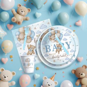 Suhelkit Bear Baby Shower Decorations Party Tableware Boy - We Can Bearly Wait Baby Shower Decorations Supplies, Paper Plate, Napkin, Cup, Fork, Blue Teddy Bear Baby Shower Party Supplies | 24 Guests