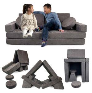 mod blox 10 piece soft modular kids play couch for boys and girls ｜ child sectional fort building sofa for toddlers playroom with microsuede covers + high density convertible foam cushions (dark gray)