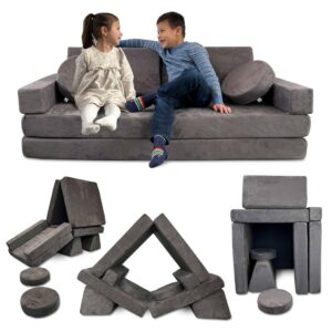 Mod Blox 10 Piece Soft Modular Kids Play Couch for Boys and Girls ｜ Child Sectional Fort Building Sofa for Toddlers Playroom with Microsuede Covers + High Density Convertible Foam Cushions (Dark Gray)