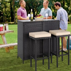 Patiomore 3-Piece Patio Outdoor Bar Set with Removable Cushions and Glass Top Table Patio Brown Wicker Furniture with Two Stools and 10 FT Patio Umbrella, Dark Blue