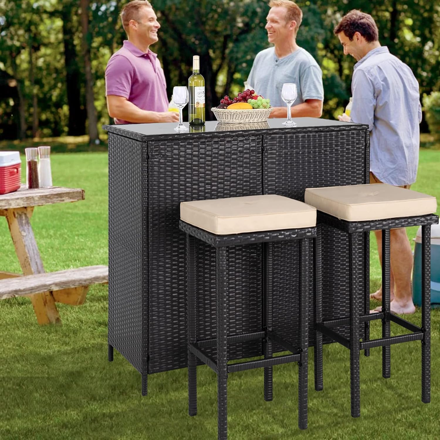 Patiomore 3-Piece Patio Outdoor Bar Set with Removable Cushions and Glass Top Table Patio Brown Wicker Furniture with Two Stools and 10 FT Patio Umbrella, Dark Blue