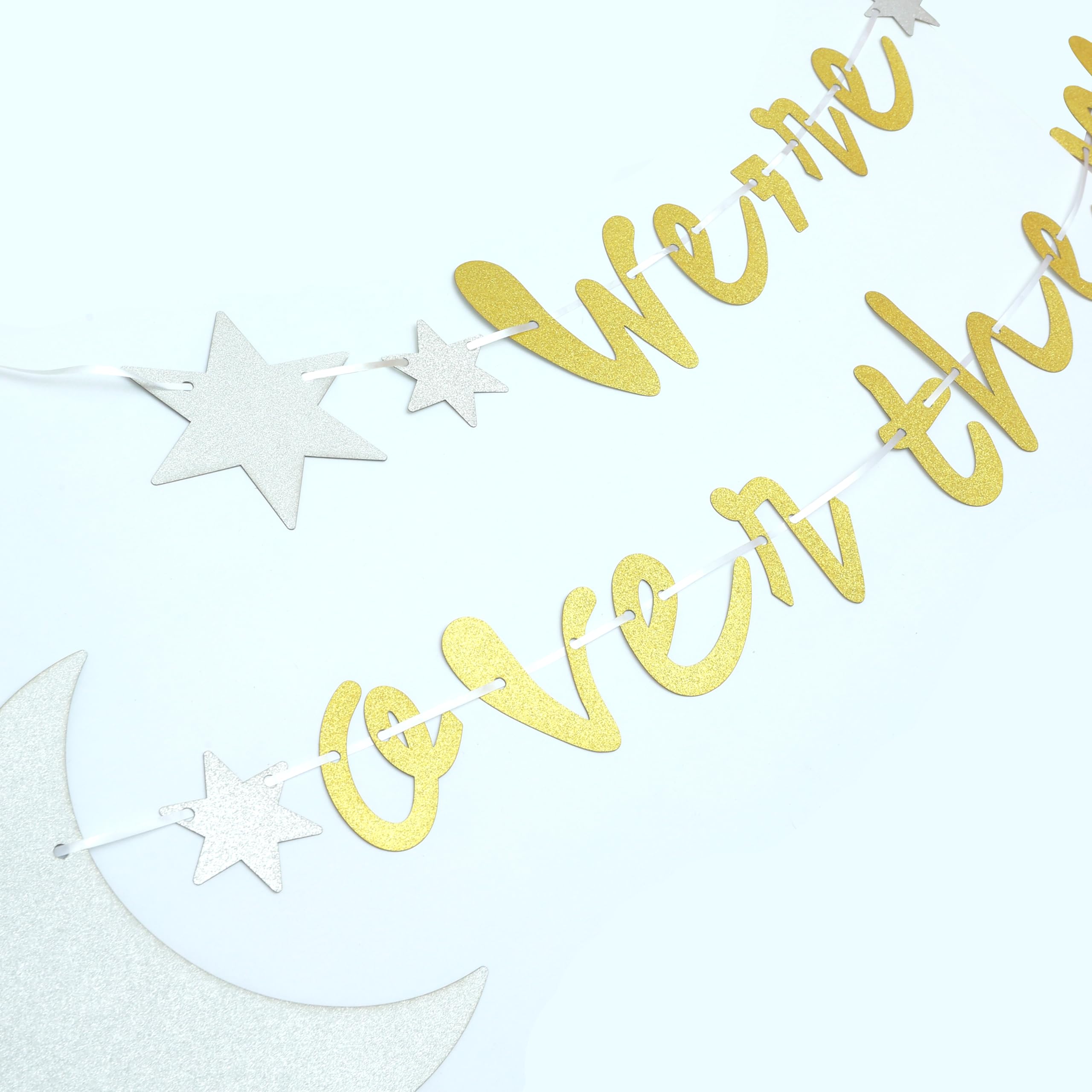 We’re Over The Moon Banner，Creative Alphabet Party Banner，Over The Moon Baby Shower Decoration，Golden Glitter Party Wall Decoration，Wedding Bridal Shower Baby Shower Anniversary Party Decorations