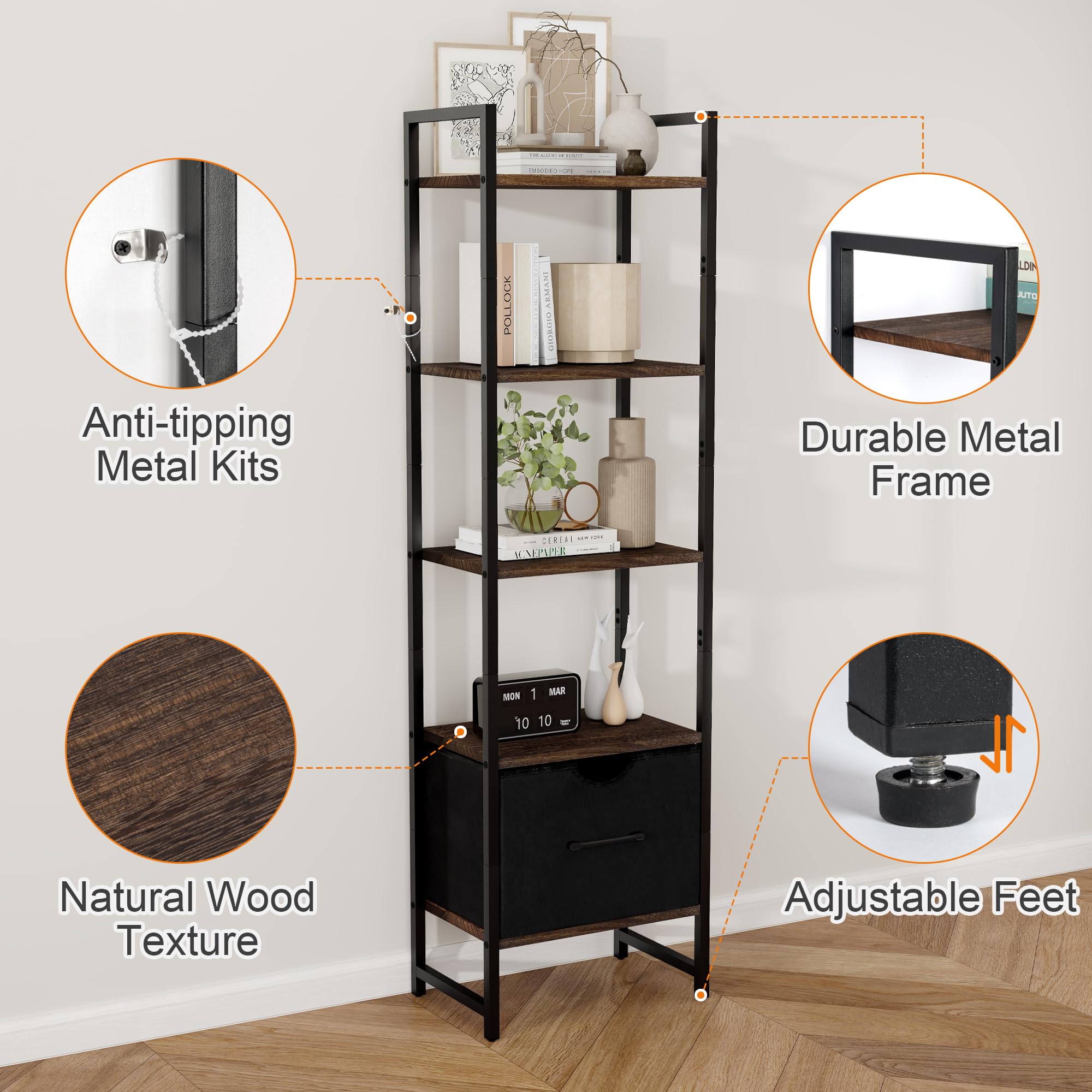 Fun Memories 5-Tier Bookshelf with Drawer - Tall & Narrow Bookcase, Solid Wood & Metal Book Shelf Storage Organizer, Free-Standing Storage Unit for Bedroom, Living Room, Home Office-Brown