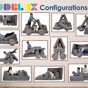 Mod Blox 10 Piece Soft Modular Kids Play Couch for Boys and Girls ｜ Child Sectional Fort Building Sofa for Toddlers Playroom with Microsuede Covers + High Density Convertible Foam Cushions (Dark Gray)