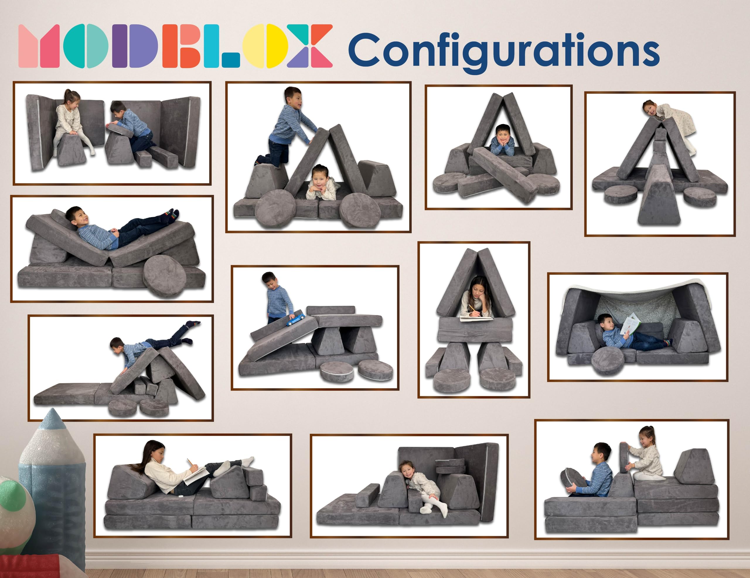 Mod Blox 10 Piece Soft Modular Kids Play Couch for Boys and Girls ｜ Child Sectional Fort Building Sofa for Toddlers Playroom with Microsuede Covers + High Density Convertible Foam Cushions (Dark Gray)