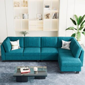 Belffin 4 Seater Sectional Sofa with Reversible Chaise, L Shaped Sofa Sectional Couch with Convertible Storage Ottoman Peacock Blue