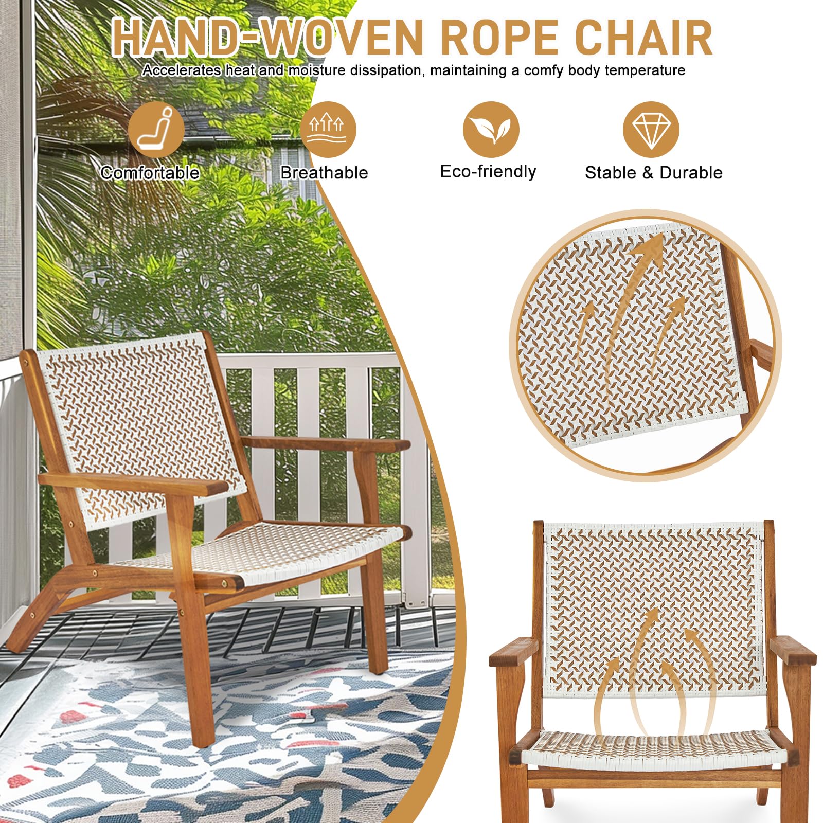 Outvita Natural Stain Outdoor Chair, Mid Century Modern Accent Armchair, Reading Lounge Chair with Ecru Handwoven Rope and Solid Acacia Wood Frame for Bedroom Patio Balcony Indoor