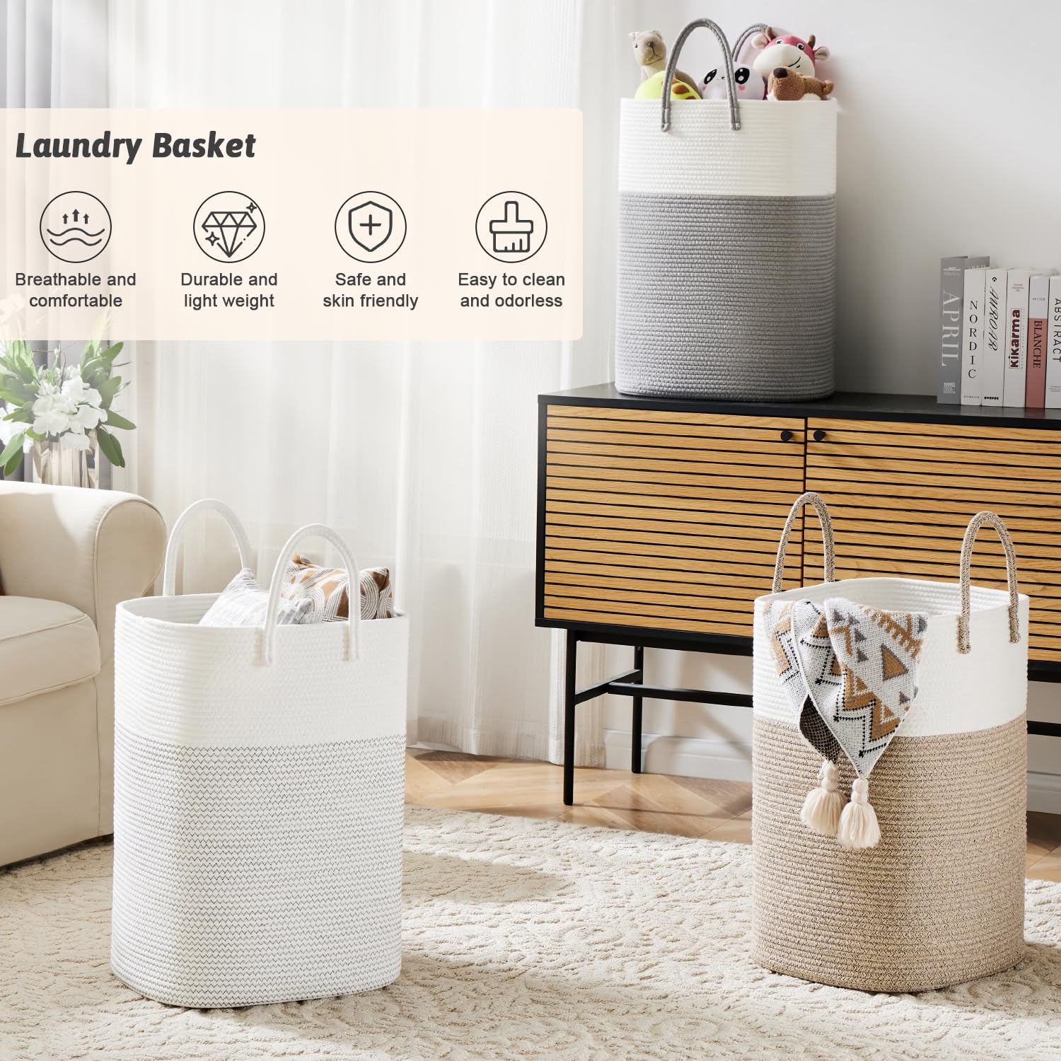 Artfeel Laundry Basket,Woven Cotton Rope Laundry Hamper,60L Versatile Storage for Dirty Clothes,Baby Toys,and Blankets in Bathroom, Nursery,and Living Room