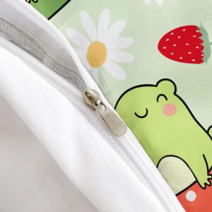 AILONEN Cute Frog Kids Duvet Cover Set, 3 Pieces Queen Size Frog Bedding Set,Cute Frog Strawberry Pattern Comforter Cover Set, 1 Quilt Cover and 2 Pillowcases