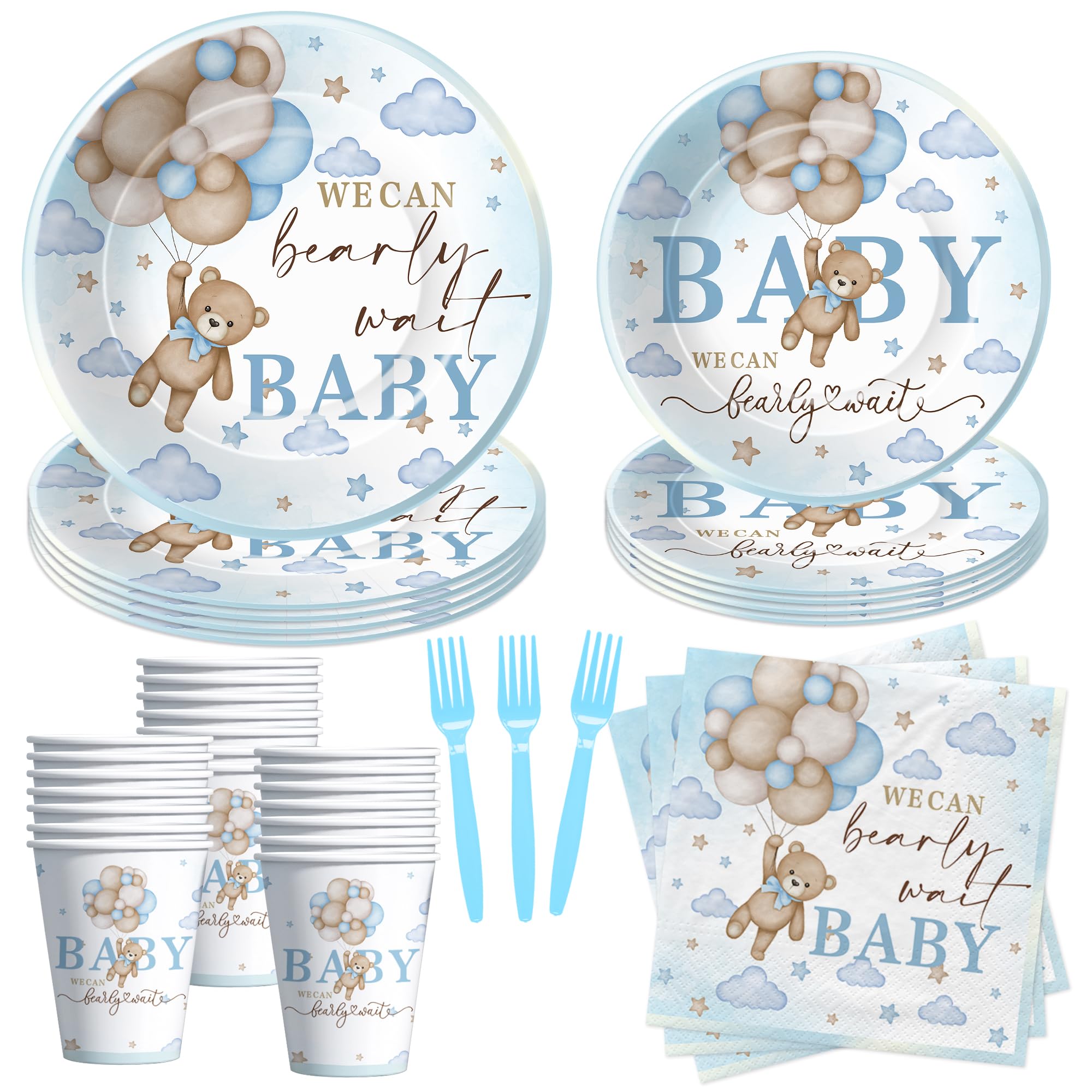 Suhelkit Bear Baby Shower Decorations Party Tableware Boy - We Can Bearly Wait Baby Shower Decorations Supplies, Paper Plate, Napkin, Cup, Fork, Blue Teddy Bear Baby Shower Party Supplies | 24 Guests