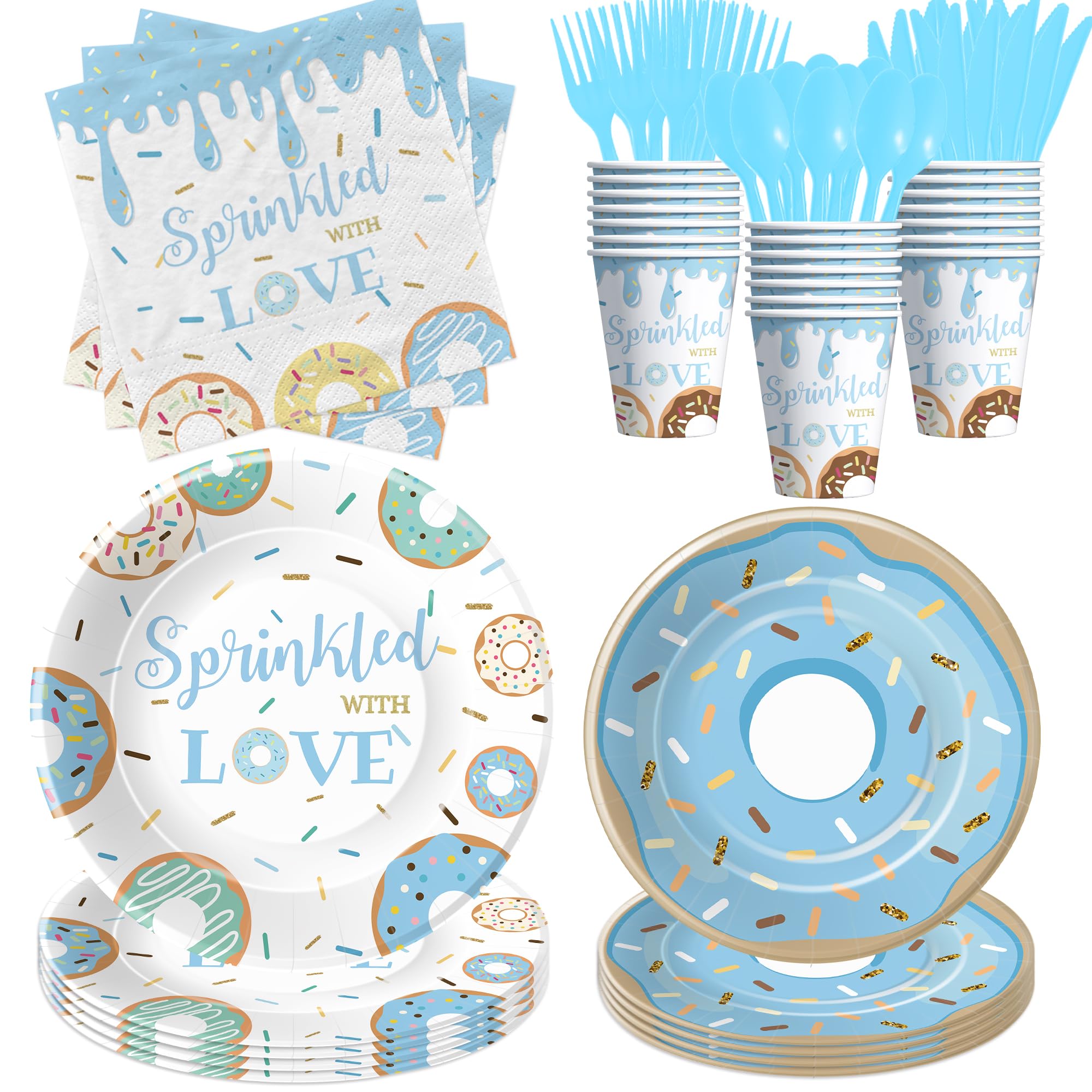 Suhelkit Donut Baby Sprinkle Decorations Tableware For Boy - Sprinkled with Love Baby Shower Decorations Party Supplies, Plate, Napkin, Cup, Cutlery, Blue Donut Baby Shower Decorations | 24 Guests