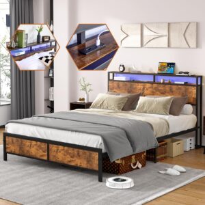 qsostns bed frame with ergonomic headboard, 14 inch fast assembly metal bed with led lights, outlets & usb, bed frame full size with storage, noise free, no box spring needed (full)