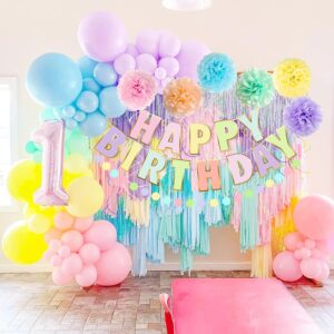 pugkloy Macaron Birthday Party Decorations with Macaron Happy Birthday Banner,Pastel Birthday Balloons,Circle Dots Garland,Tissue Pompoms,Hanging Swirls for Women Girls Pastel Birthday Decorations