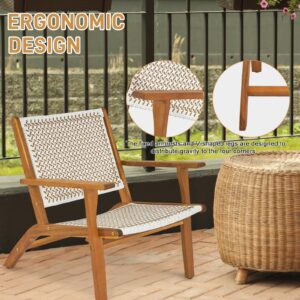 Outvita Natural Stain Outdoor Chair, Mid Century Modern Accent Armchair, Reading Lounge Chair with Ecru Handwoven Rope and Solid Acacia Wood Frame for Bedroom Patio Balcony Indoor