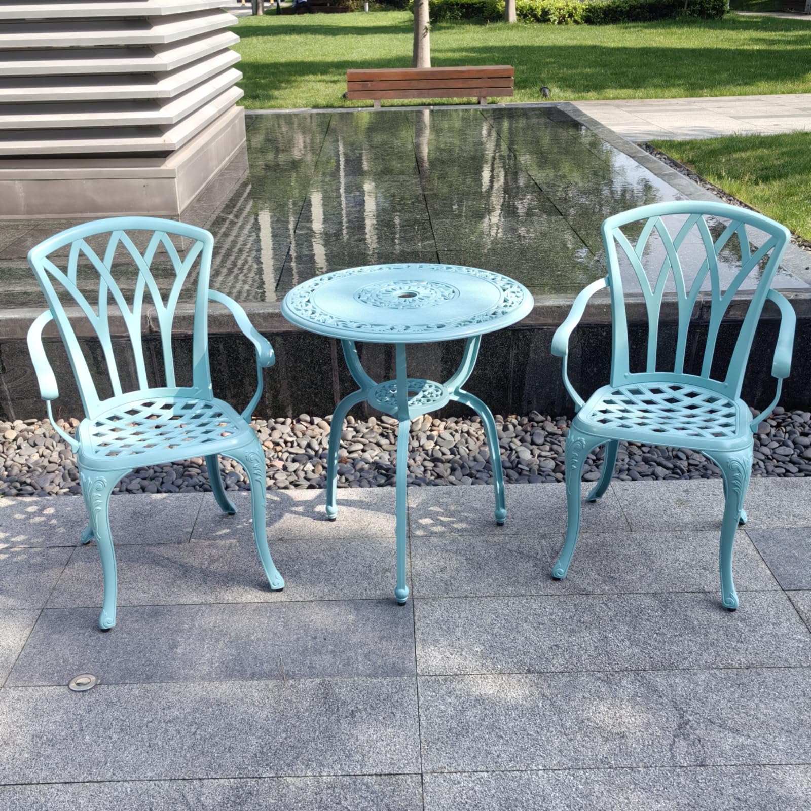 KAILI 3 Piece Bistro Table Set Cast Aluminum Outdoor Patio Furniture with Chair with armrests (Light Blue)