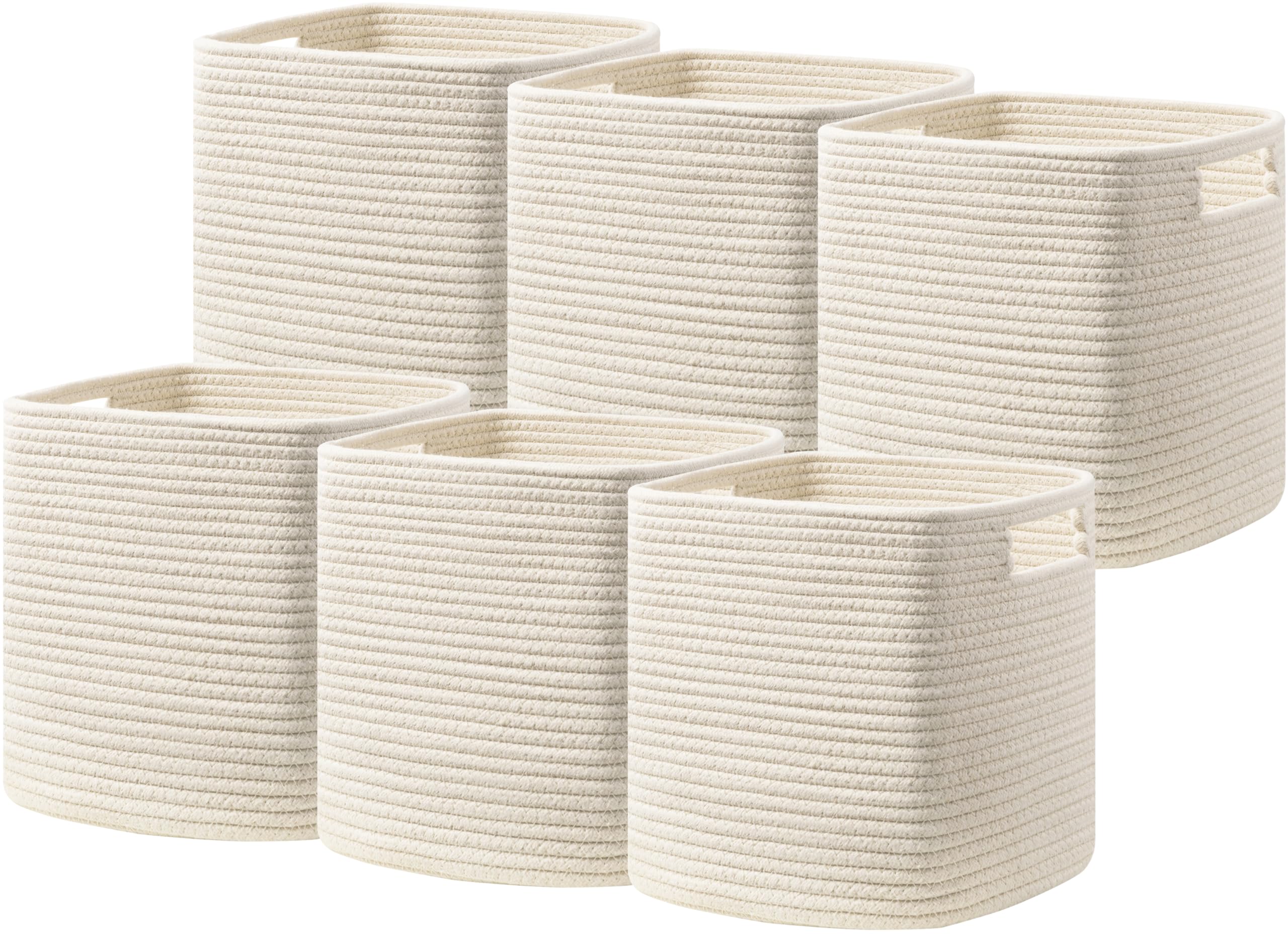 UBBCARE Set of 6 Storage Basket-11 X 10.5 X 10.5 in, Cotton Rope Basket for Shelves, Toys, Book, Cube Storage Bins with Handles, Woven Storage Basket for Organizing, Beige