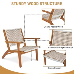 Outvita Natural Stain Outdoor Chair, Mid Century Modern Accent Armchair, Reading Lounge Chair with Ecru Handwoven Rope and Solid Acacia Wood Frame for Bedroom Patio Balcony Indoor