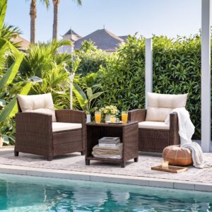 Devoko 3 Pieces Patio Furniture Set, PE Rattan Wicker Patio Set with Two Outdoor Chairs and Table, Upgraded Patio Chairs and Table for Porch, Garden Poolside Balcony