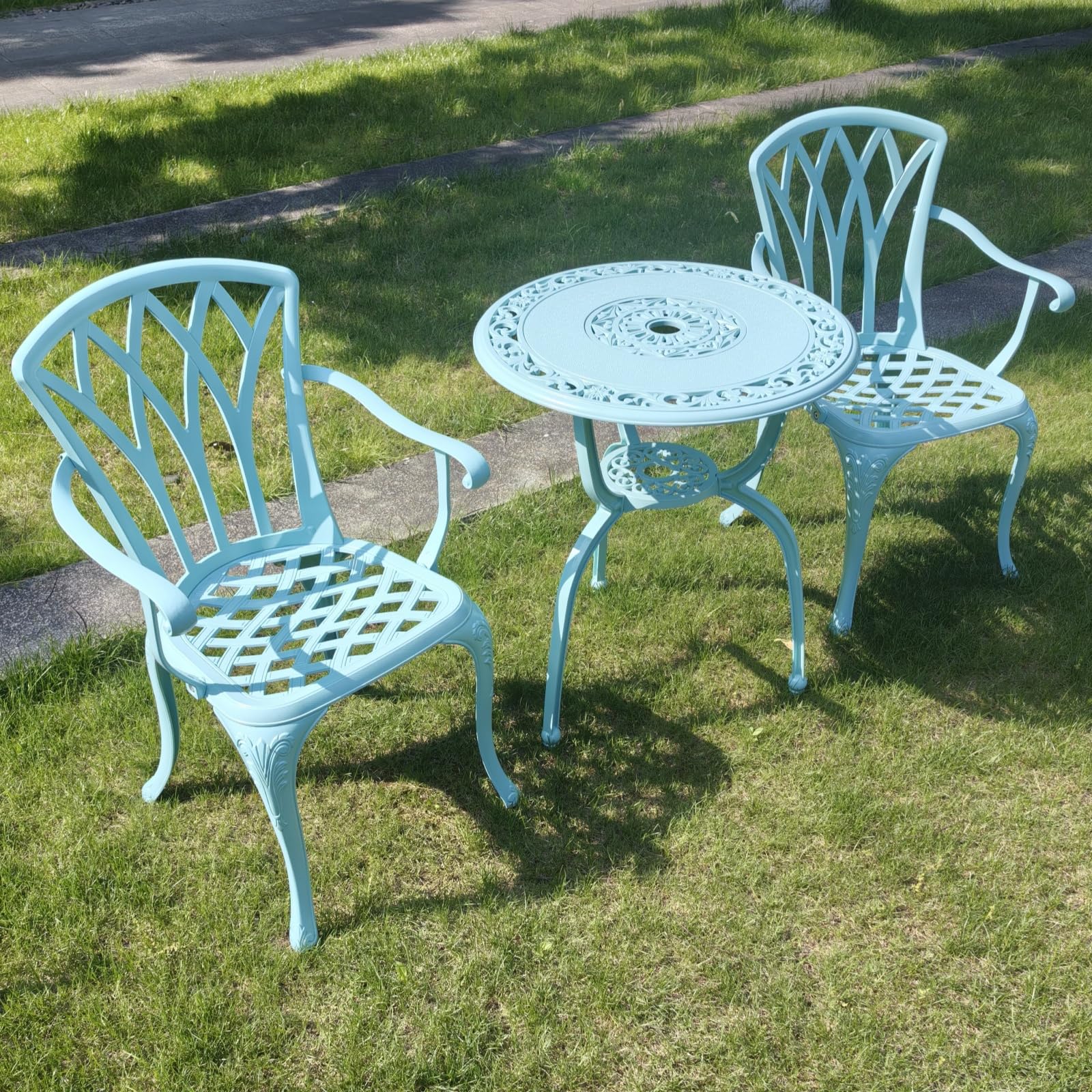 KAILI 3 Piece Bistro Table Set Cast Aluminum Outdoor Patio Furniture with Chair with armrests (Light Blue)