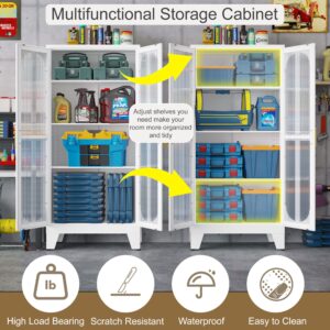 pozdeg Metal Storage Cabinet, Kitchen Pantry Cabinet with 2 Cross Door Panels and 3 Adjustable Shelves, Versatile Storage Pantry for Living Room Office Laundry Dining Room or Outdoor (White)