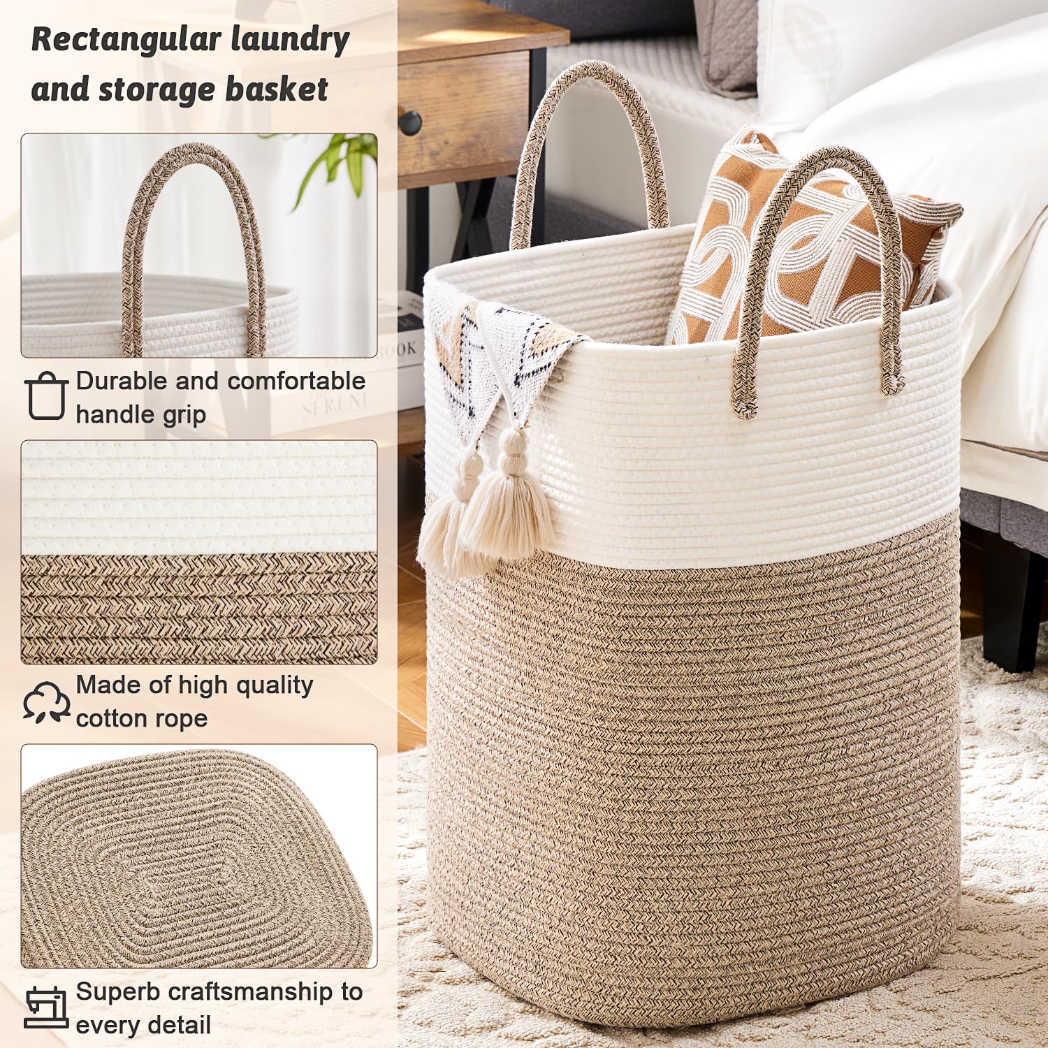 Artfeel Laundry Basket,Woven Cotton Rope Laundry Hamper,60L Versatile Storage for Dirty Clothes,Baby Toys,and Blankets in Bathroom, Nursery,and Living Room