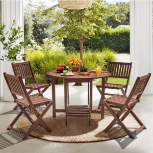 Devoko 5 PCS Patio Furniture, Patio Dining Set Acacia Wood Outdoor Table and Chairs, with 4 Folding Chairs and 37" Round Movable Table, Outdoor Dining Set for Lawn, Balcony, Garden