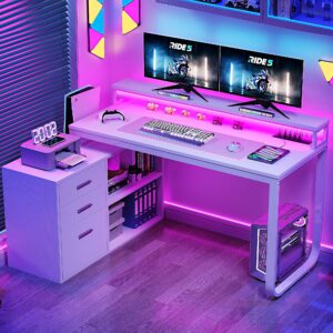 YITAHOME L Shaped Desk with Drawers, 55" Corner Computer Desk with Power Outlets, L-Shaped Desk with LED Lights & File Cabinet for Home Office, White