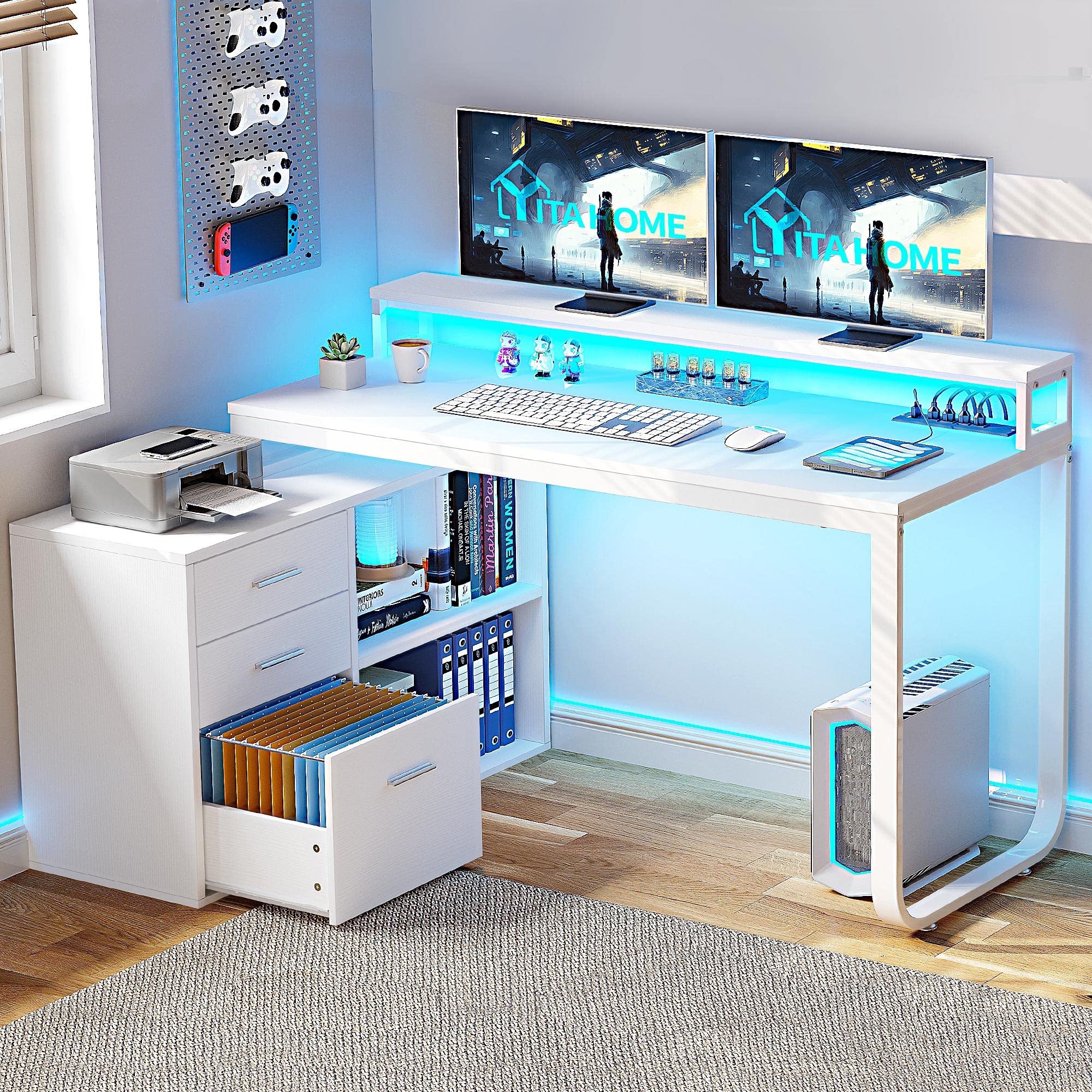 YITAHOME L Shaped Desk with Drawers, 55" Corner Computer Desk with Power Outlets, L-Shaped Desk with LED Lights & File Cabinet for Home Office, White