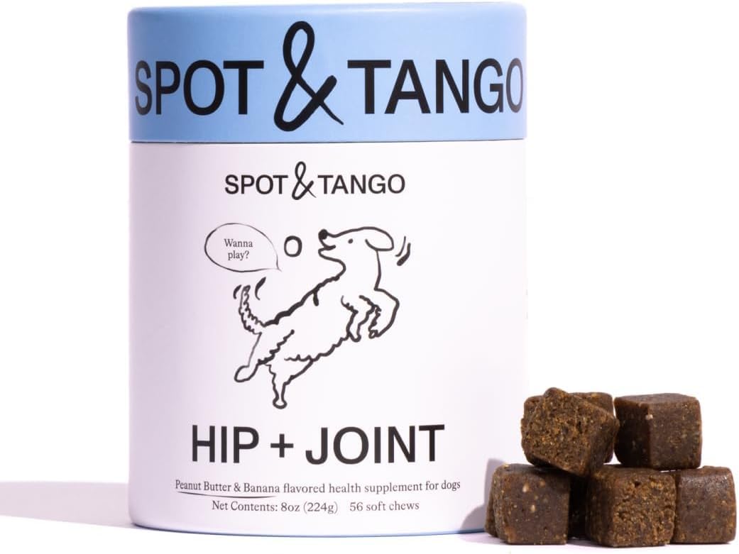 Spot & Tango Hip + Joint Supplement for Dogs - Vet-Approved For Mobility and Arthritis Support - Glucosamine, Chondroitin, Green Lipped Mussel, MSM - Flavor from Real Peanut Butter & Banana - 56 Count