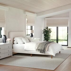 martha stewart britta platform bed with headboard & footboard, faux linen upholstery with piping detail, rounded headboard, no box spring needed, full, beige