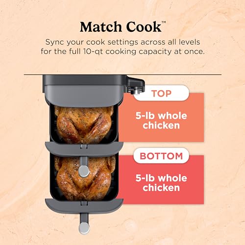 Ninja SL401 DoubleStack XL 2-Basket Air Fryer, DoubleStack Technology Cooks 4 Foods at Once, Compact Design, 10 QT, 6-in-1, Smart Finish & Match Cook, Air Fry, Broil, Bake, Easy Meals, Easy Clean,Grey