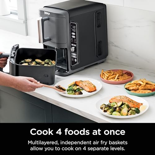 Ninja SL401 DoubleStack XL 2-Basket Air Fryer, DoubleStack Technology Cooks 4 Foods at Once, Compact Design, 10 QT, 6-in-1, Smart Finish & Match Cook, Air Fry, Broil, Bake, Easy Meals, Easy Clean,Grey