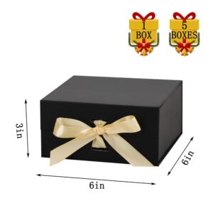 BoxSkivra Black Gift Box with Ribbon 1 Pack 6X6X3 Inch Small Gift Box with Lid Magnetic Closure Rectangle Collapsible Luxury Gift Box Shredded Paper Filler & Card