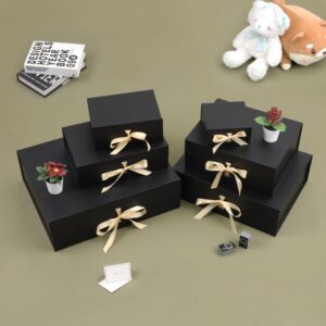 BoxSkivra Black Gift Box with Ribbon 1 Pack 6X6X3 Inch Small Gift Box with Lid Magnetic Closure Rectangle Collapsible Luxury Gift Box Shredded Paper Filler & Card