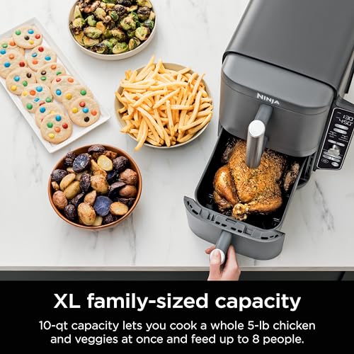 Ninja SL401 DoubleStack XL 2-Basket Air Fryer, DoubleStack Technology Cooks 4 Foods at Once, Compact Design, 10 QT, 6-in-1, Smart Finish & Match Cook, Air Fry, Broil, Bake, Easy Meals, Easy Clean,Grey