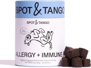 spot & tango allergy + immune supplement for dogs - vet-approved for itchy skin & allergy relief - wild alaskan salmon oil, omega-3, primrose oil, biotin - real strawberry & blueberry flavor, 56 count