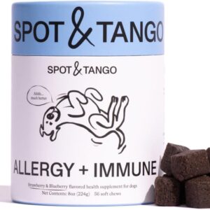 Spot & Tango Allergy + Immune Supplement for Dogs - Vet-Approved For Itchy Skin & Allergy Relief - Wild Alaskan Salmon Oil, Omega-3, Primrose Oil, Biotin - Real Strawberry & Blueberry Flavor, 56 Count