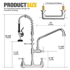 OIERZIN Commercial Faucet Wall Mount with Sprayer 25" Height, 8 Inch Center Brass Constructed Wall Mount Kitchen Sink Commercial Faucet with Pull Down Pre Rinse Sprayer and 12" Add-on Spout