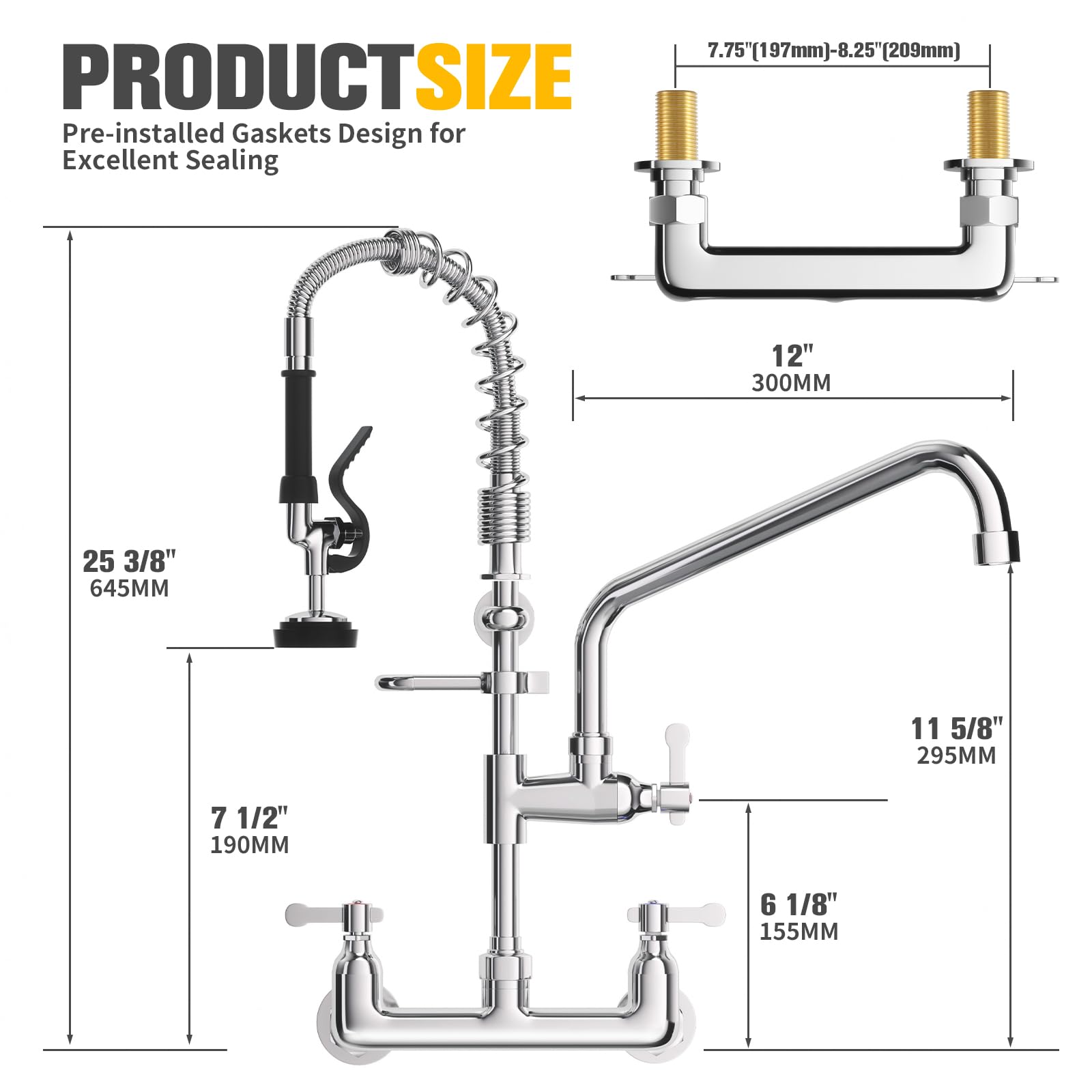 OIERZIN Commercial Faucet Wall Mount with Sprayer 25" Height, 8 Inch Center Brass Constructed Wall Mount Kitchen Sink Commercial Faucet with Pull Down Pre Rinse Sprayer and 12" Add-on Spout