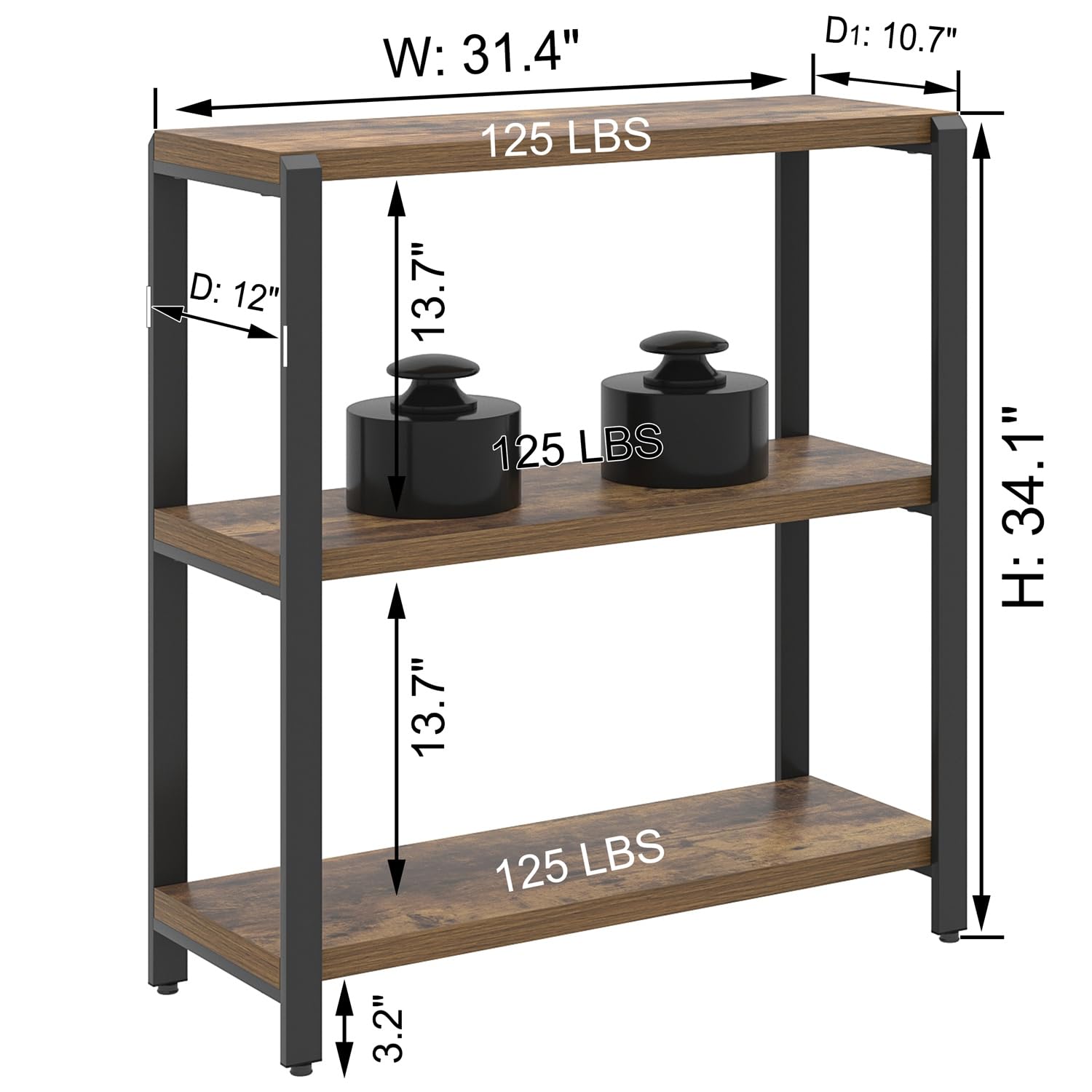 EXCEFUR Small Bookshelf, 3 Tier Short Low Book Shelf, Modern Metal and Wood Standing Etagere Bookcase for Home Office Living Room Bedroom, Rustic Brown