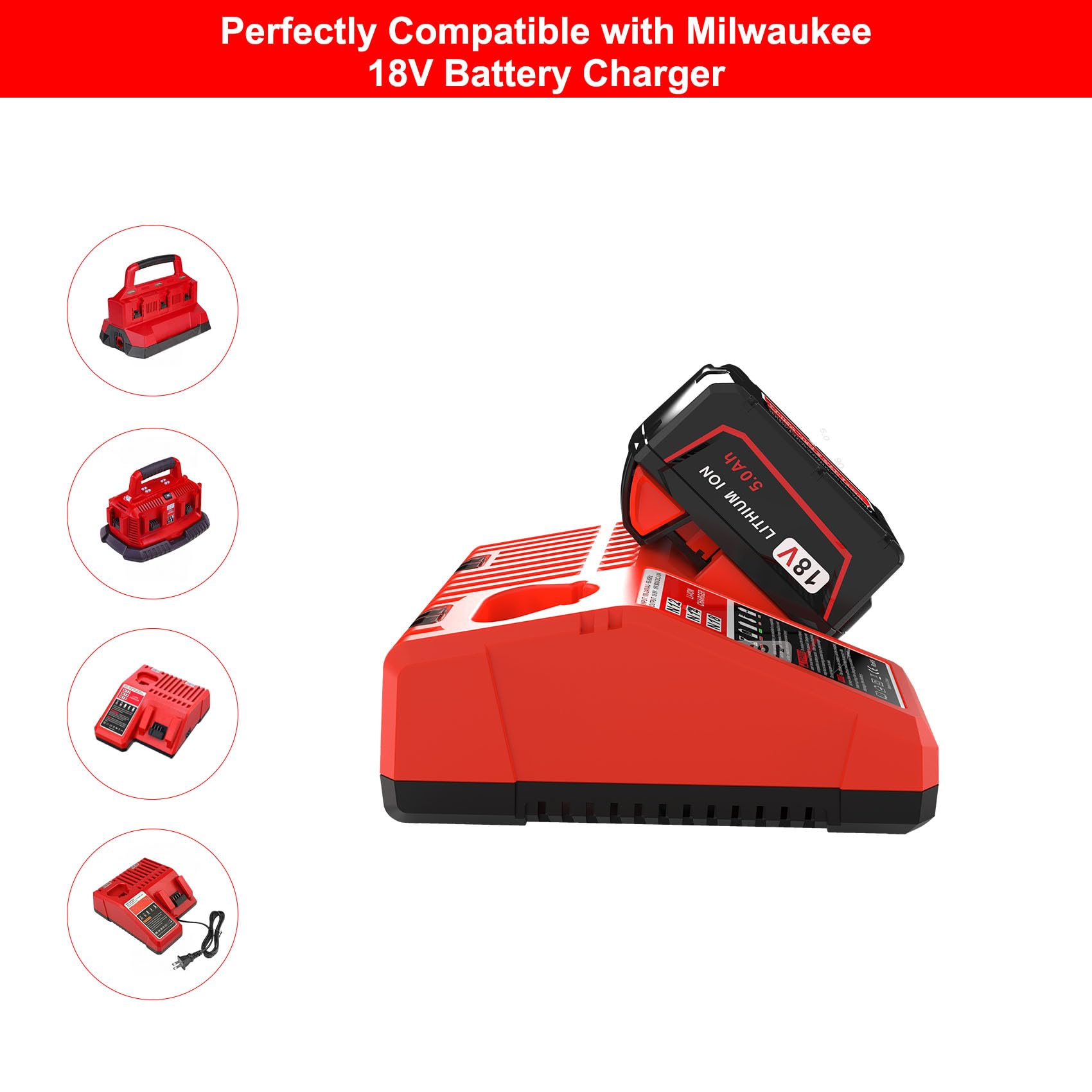 2Pack 5.0Ah 18V Lithium-ion Battery Replacement for Milwaukee M18 Battery, Replacement for Milwaukee M18 Cordless Power Tools 18V Batteries 48-11-1850 48-11-1840 48-11-1812 and 18 Volt Charger