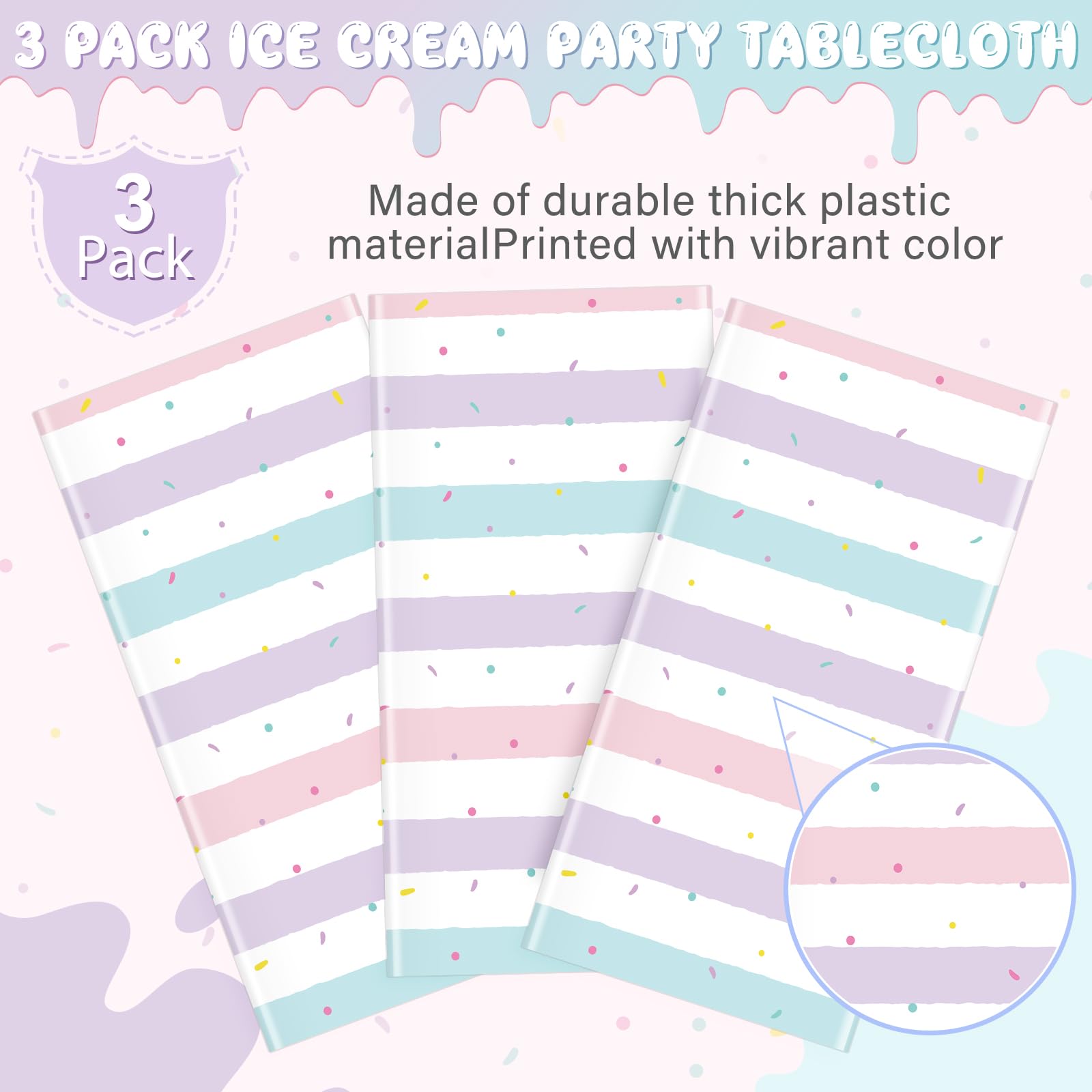 3 Pack Sprinkle Ice Cream Tablecloth Party Decorations, Ice Cream Birthday Plastic Party Supplies, Donut Disposable Rectangle Table Cover for Kids Girls Sweet One Birthday Baby Shower, 54 x 108 Inch