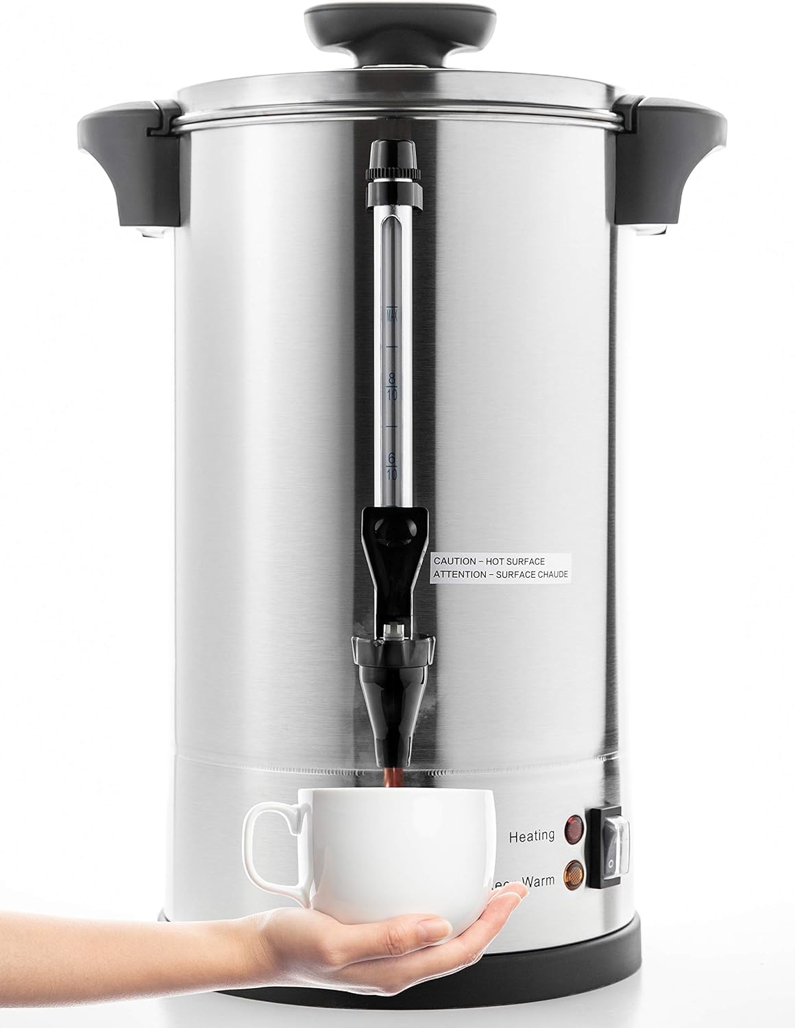 SYBO 2024 UPGRADE SR-CP-50B Commercial Grade Stainless Steel Percolate Coffee Maker Hot Water Urn for Catering, 50-Cup 8L, Silver