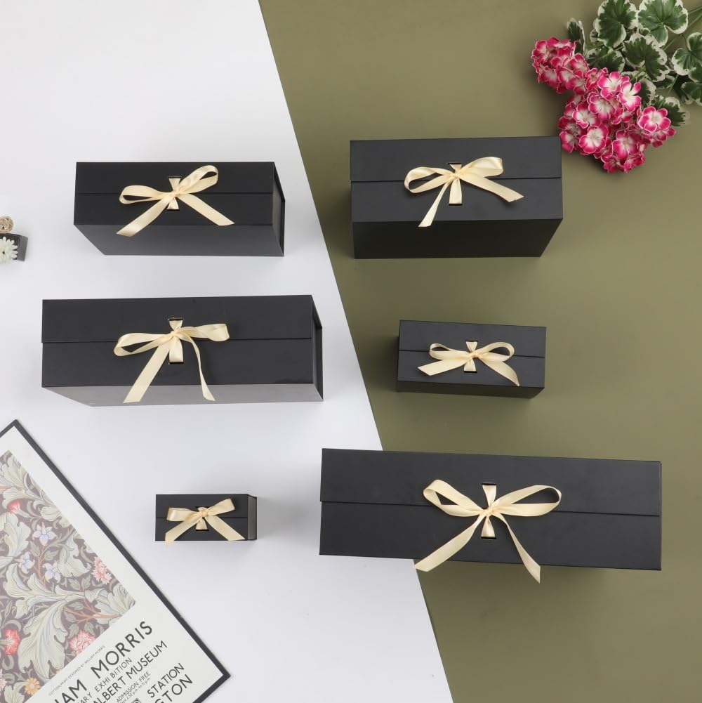 BoxSkivra Black Gift Box with Ribbon 1 Pack 6X6X3 Inch Small Gift Box with Lid Magnetic Closure Rectangle Collapsible Luxury Gift Box Shredded Paper Filler & Card