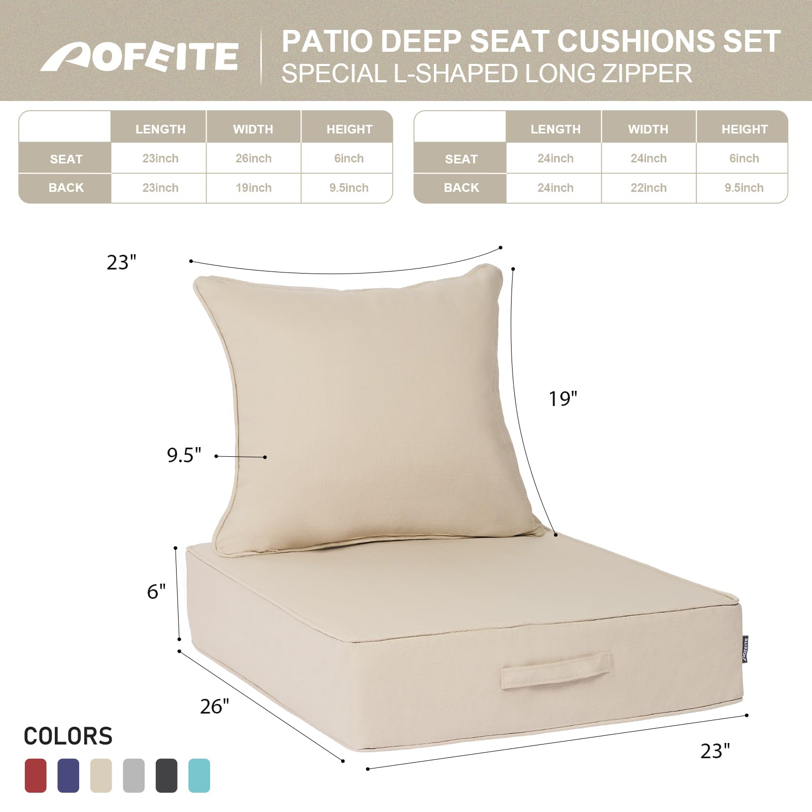 AOFEITE Outdoor Olefin Water-Resistant Deep Seat Cushion Set, 23''x 26''x 6'' Weather and Fade Resistant Patio Furniture Seat Cushion, Thickened Sofa Chair Pad with Straps for Lawn, Garden, Beige